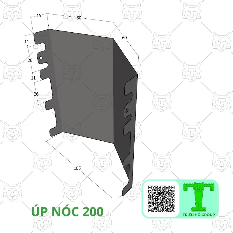 Bản vẽ kỹ thuật 3D của phụ kiện úp nóc mái nhôm màu xám đậm với các kích thước chi tiết được đánh dấu
