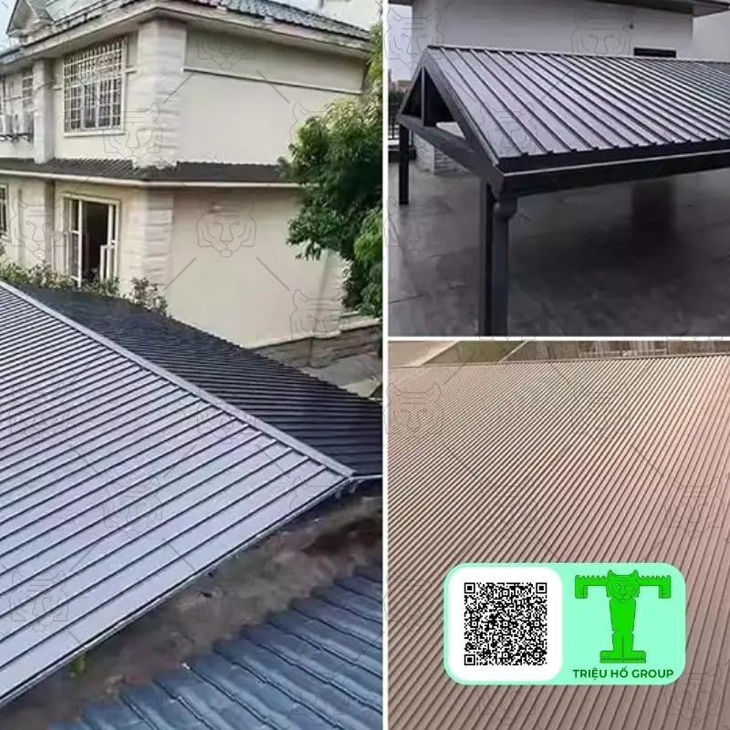 Nhiều mái lợp kim loại sóng màu xám và đen trên các công trình dân dụng và một mái lợp lớn