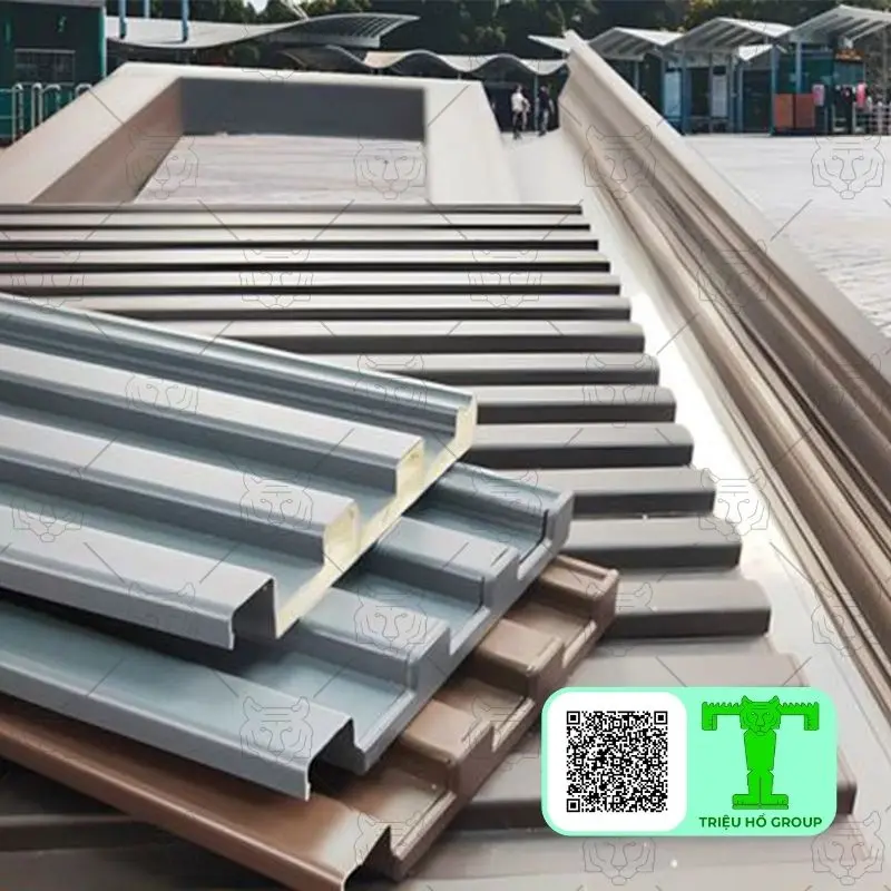 Các tấm lợp hợp kim nhôm màu xám và nâu xếp chồng, cùng các tấm lợp khác trải rộng trên một cấu trúc mái lớn