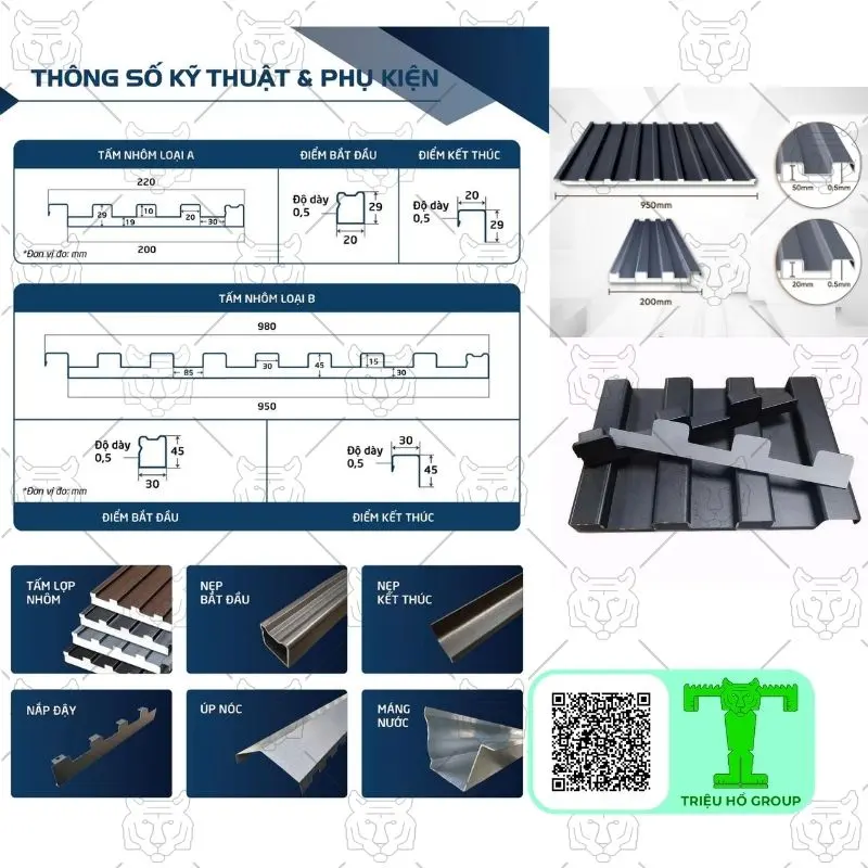 Sơ đồ kỹ thuật, các mẫu tấm lợp mái nhôm và phụ kiện như nẹp, úp nóc, máng nước, hiển thị cấu tạo và kích thước chi tiết