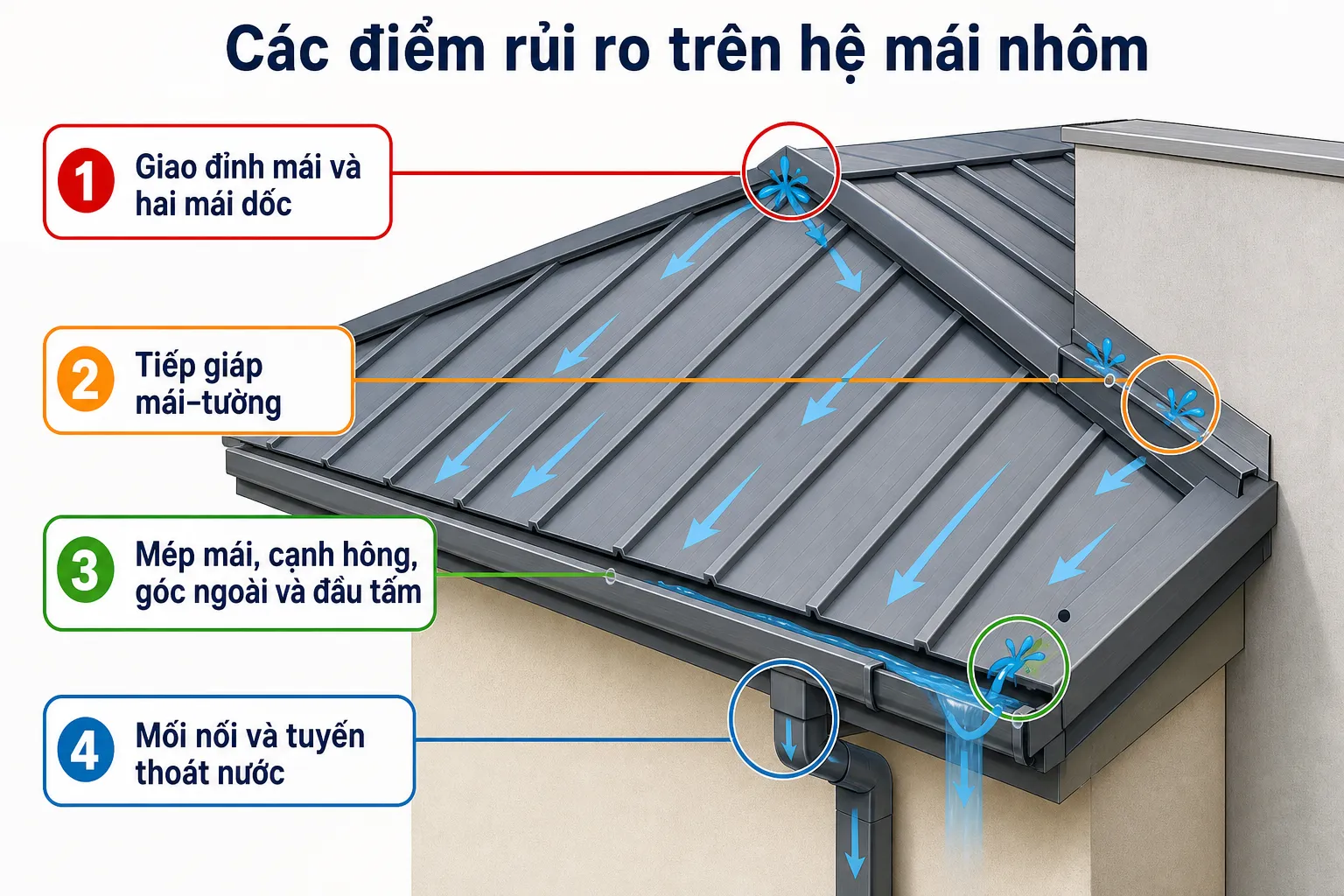 Sơ đồ mái nhôm màu xám hiển thị dòng nước và bốn điểm rủi ro tiềm ẩn gây dột hoặc thoát nước kém
