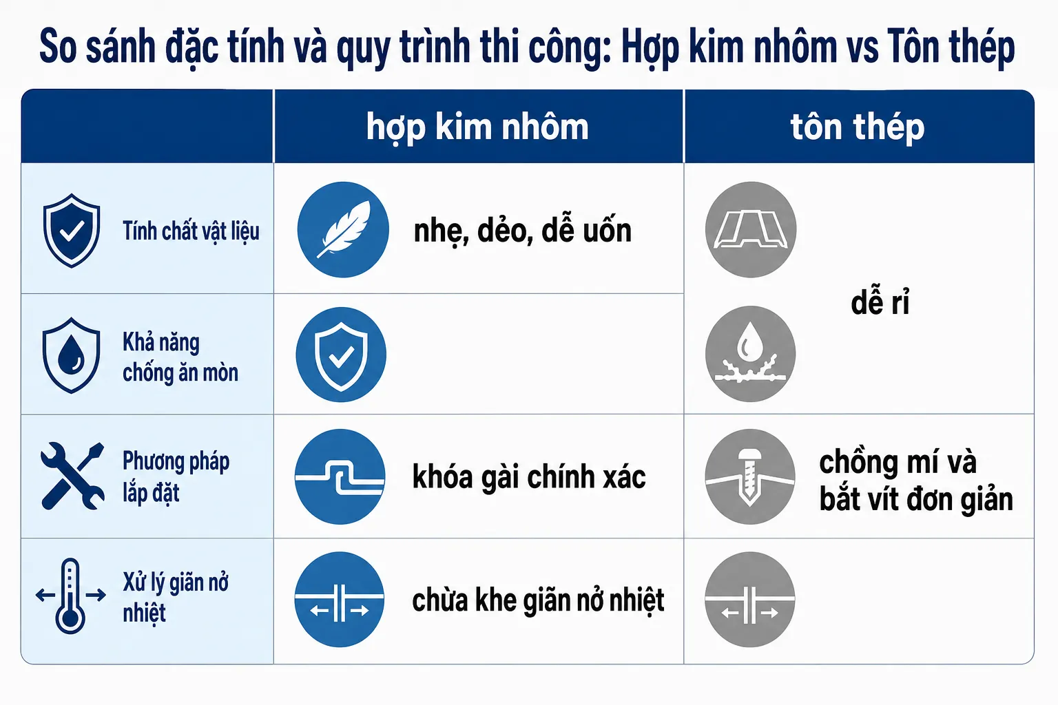 Bảng so sánh đặc tính và quy trình thi công của tấm lợp hợp kim nhôm và tôn thép