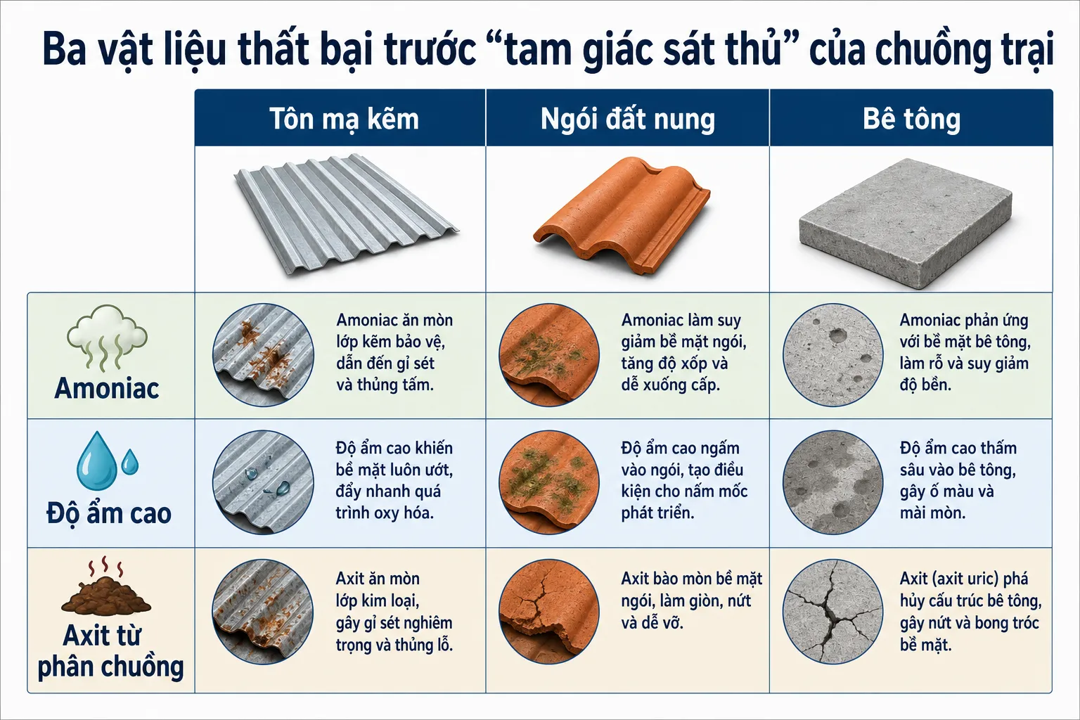 Biểu đồ so sánh tác động của amoniac, độ ẩm cao và axit từ phân chuồng lên tôn mạ kẽm, ngói đất nung và bê tông