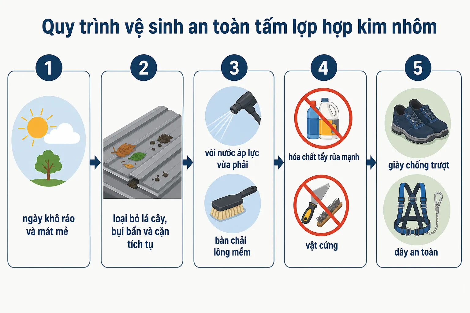 Infographic minh họa 5 bước quy trình vệ sinh an toàn cho tấm lợp hợp kim nhôm, bao gồm chọn ngày, loại bỏ cặn bẩn, dùng