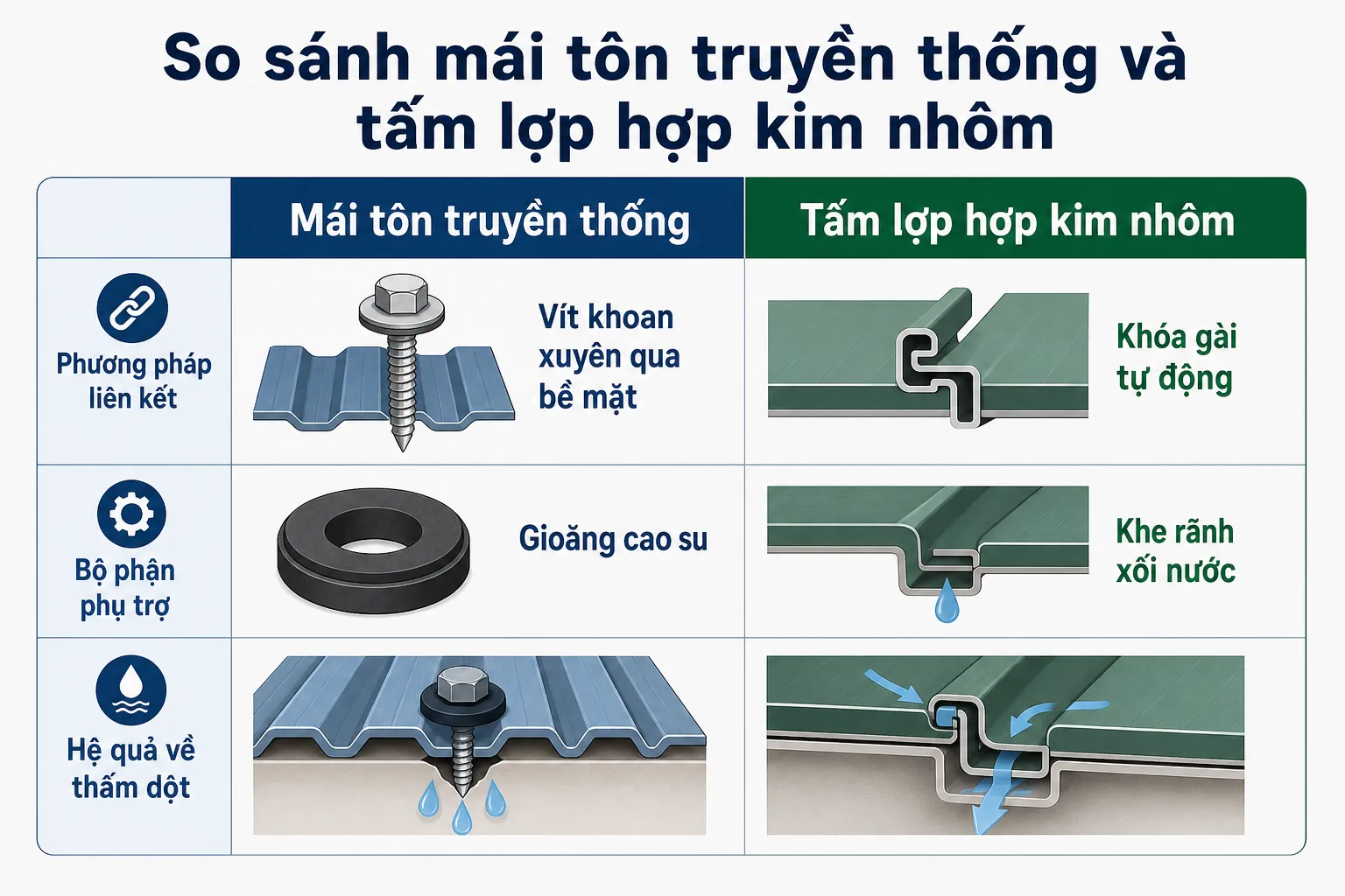 Bảng so sánh phương pháp liên kết và khả năng chống thấm dột của mái tôn truyền thống và tấm lợp hợp kim nhôm