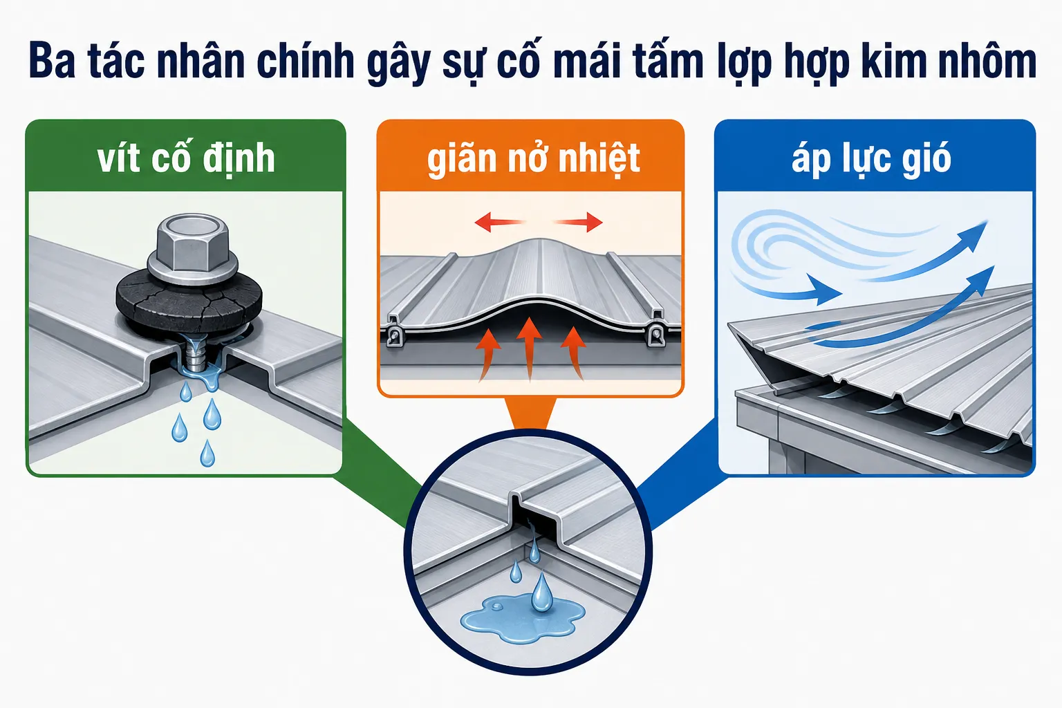 Minh họa ba nguyên nhân chính gây dột mái tấm lợp hợp kim nhôm: vít cố định, giãn nở nhiệt và áp lực gió, với chi tiết mối