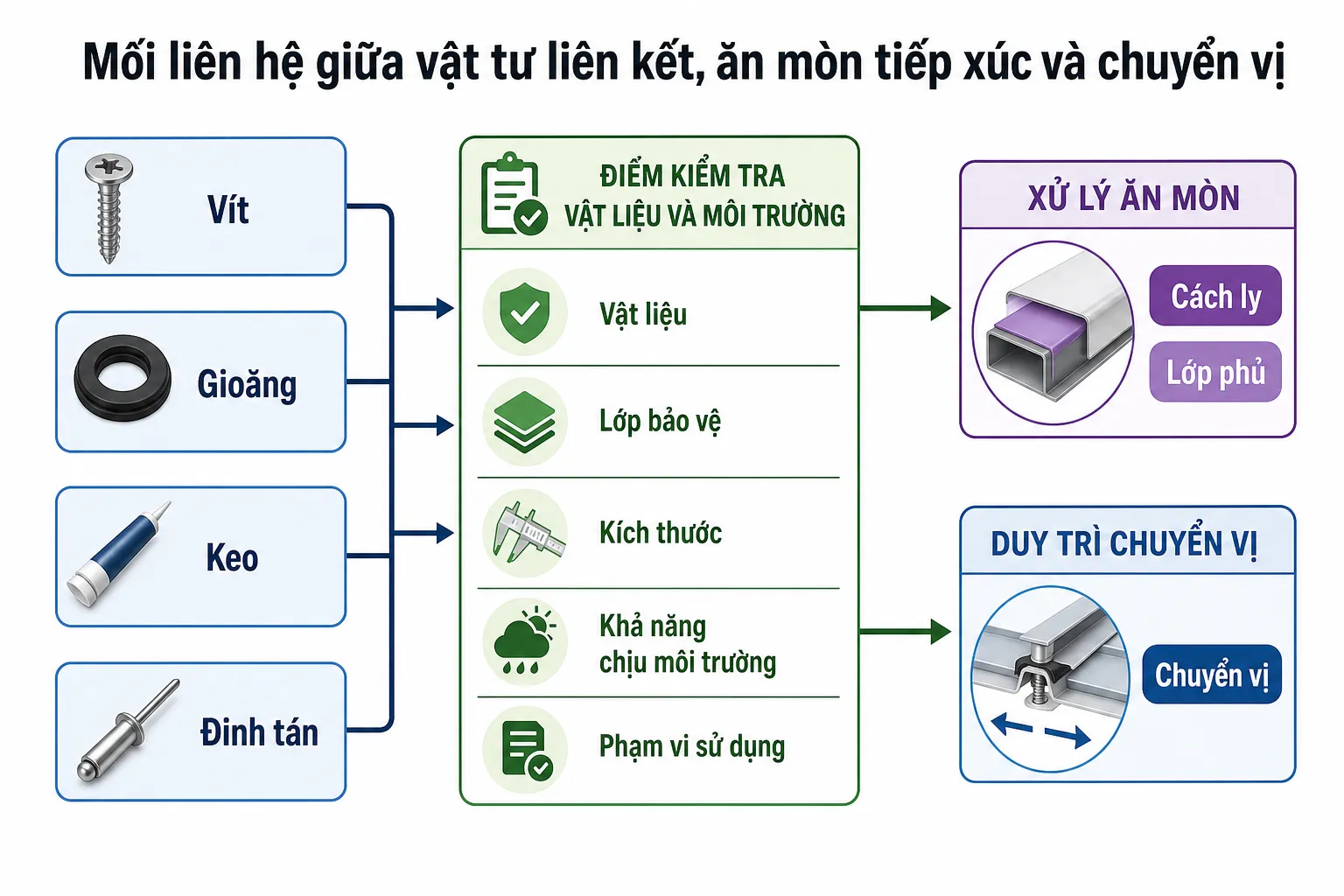 Sơ đồ liên hệ giữa vít, gioăng, keo, đinh tán, giải pháp cách ly, lớp phủ và yêu cầu duy trì chuyển vị.