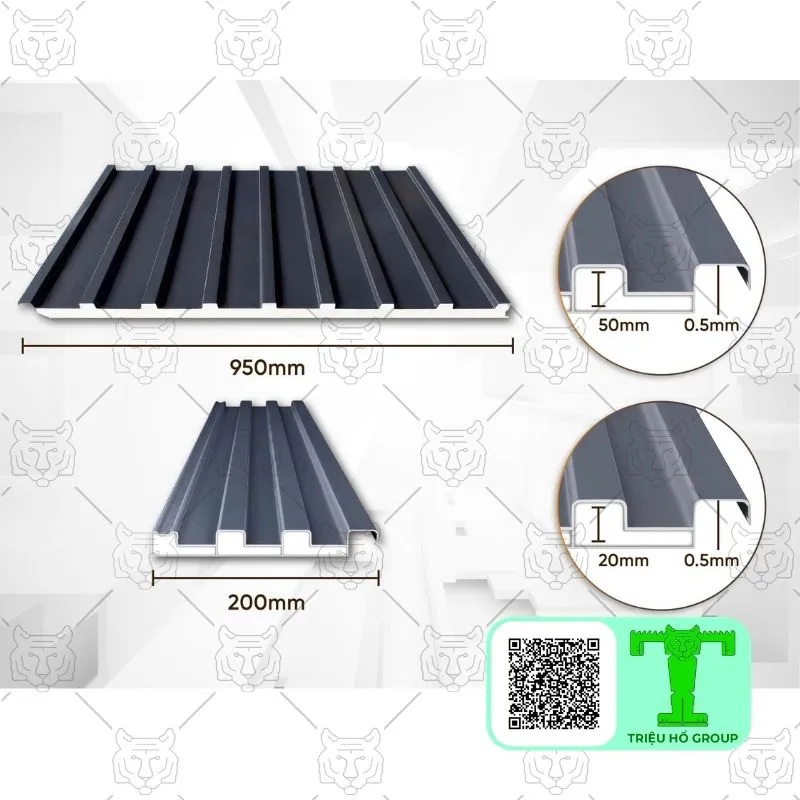 Hai tấm lợp hợp kim nhôm, một tấm K950 rộng 950mm và một tấm hẹp hơn 200mm, cùng các chi tiết mặt cắt