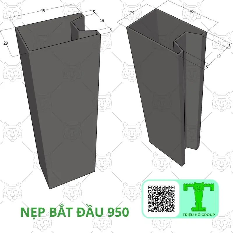 Hai bản vẽ 3D của nẹp bắt đầu 950 màu xám đậm với các kích thước chi tiết được hiển thị