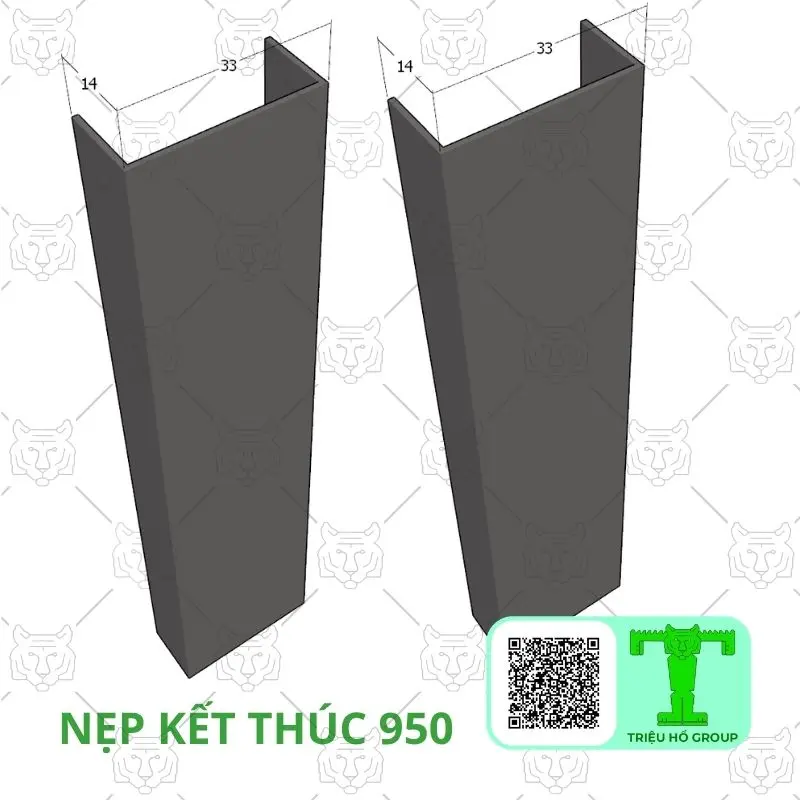 Hai thanh nẹp kết thúc 950 màu xám đậm hình chữ U, có ghi chú kích thước 14 và 33