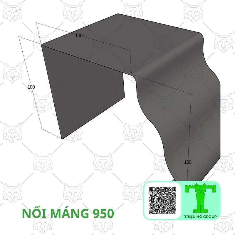 Phụ kiện nối máng kim loại hình chữ L màu xám đậm với một cạnh thẳng và một cạnh cong, hiển thị kích thước