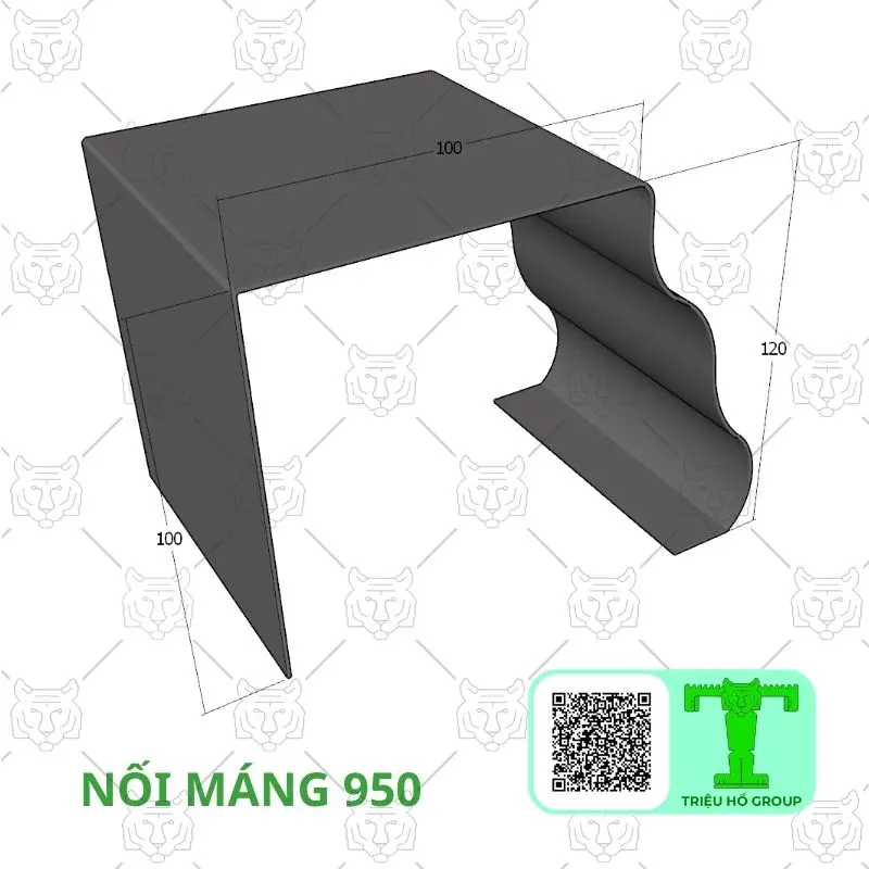 Bản vẽ 3D chi tiết nối máng màu xám đậm, một phụ kiện mái nhôm với các kích thước 100 và 120mm