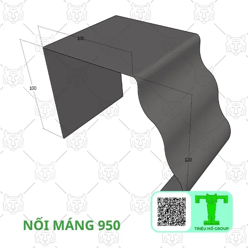 Bản vẽ kỹ thuật 3D của một phụ kiện nối máng thoát nước mái nhà màu xám với các kích thước được đánh dấu