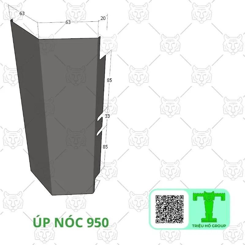 Bản vẽ kỹ thuật 3D của một phụ kiện úp nóc mái màu xám với các kích thước được ghi chú, có logo Triệu Hổ Group