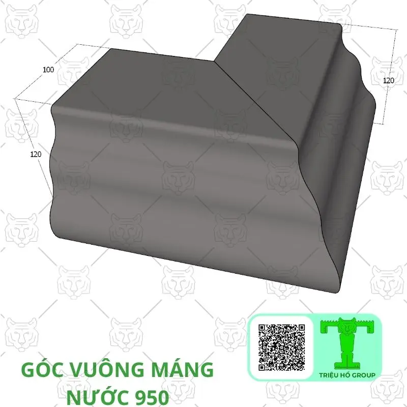 Góc vuông máng nước màu xám với các kích thước 100 và 120mm được hiển thị trên nền trắng
