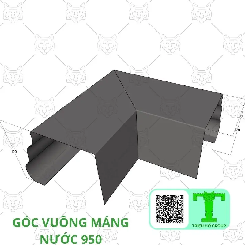 Góc vuông máng nước màu xám với các kích thước 100 và 120mm được đánh dấu