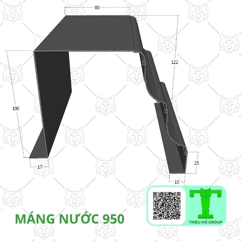 Bản vẽ kỹ thuật mặt cắt máng nước kim loại với các kích thước chi tiết