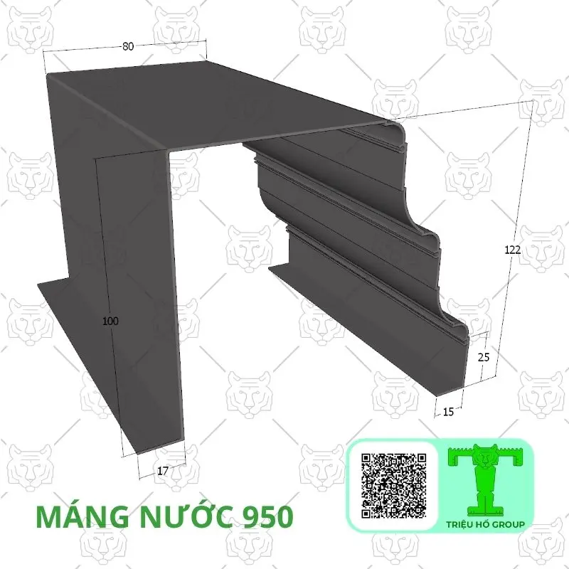 Bản vẽ kỹ thuật chi tiết một máng nước màu xám đậm với các kích thước được chú thích, có nhãn "MÁNG NƯỚC 950"