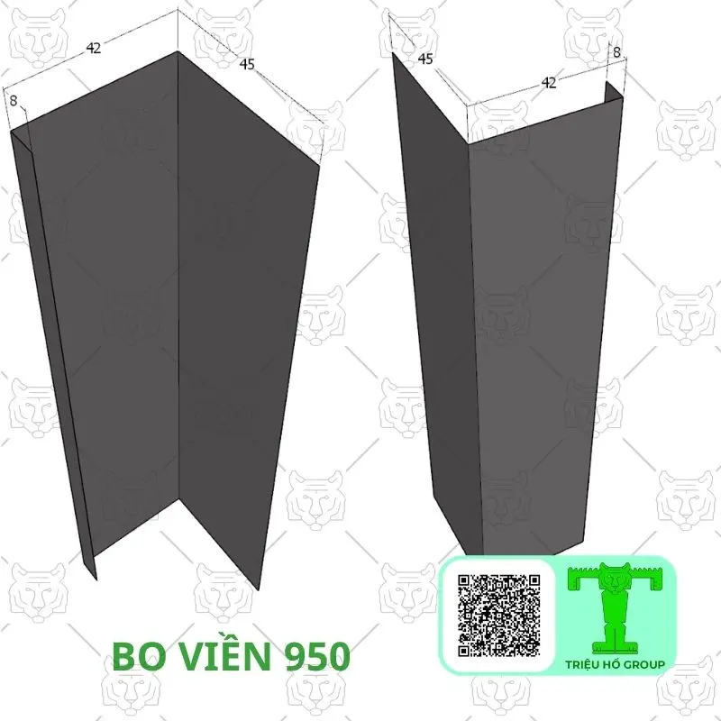 Hai biên dạng bo viền kim loại hình chữ L màu xám đậm với các kích thước kỹ thuật, được dán nhãn 'BO VIỀN 950'
